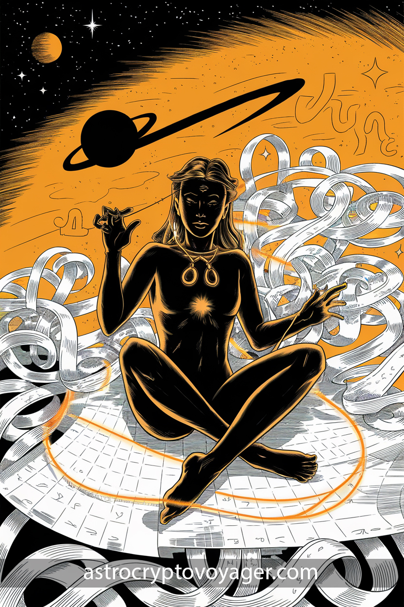 Mercury Retrograde, Virgo’s Reset Comic-style, black and white with orange accents: A Virgo figure surrounded by tangled crypto charts, calmly fixing them with glowing orange thread while Mercury’s shadow hovers.